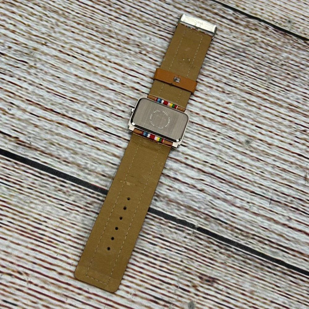 Cannes Quartz Watch Rectangle Silver Tone Rainbow Striped Dial Tan Strap‎ Tested